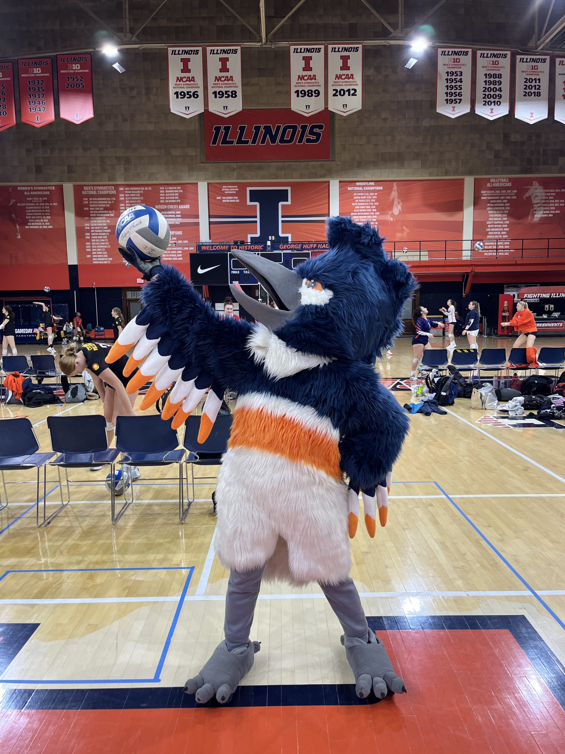 The Belted Kingfisher mascot posing while holding a volleyball