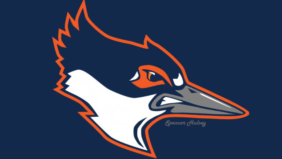 A Belted Kingfisher mascot head with signature Spencer Hulsey