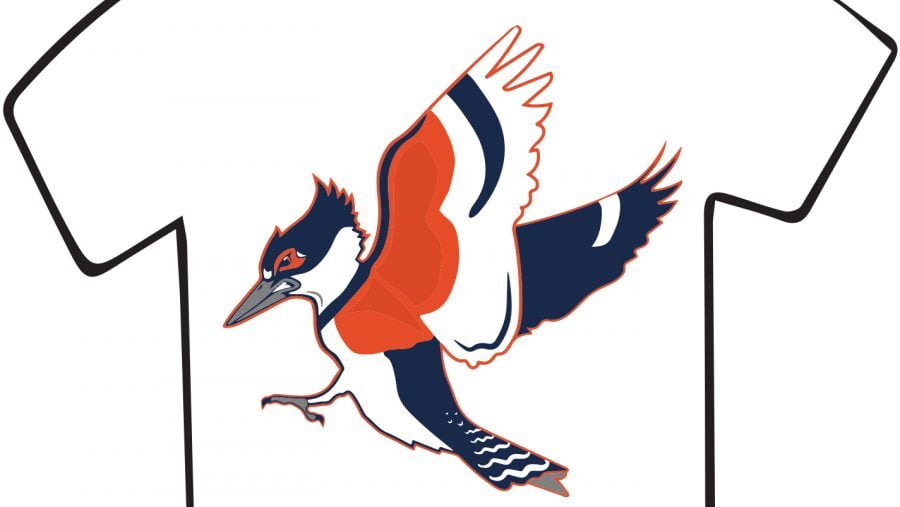 A Belted Kingfisher graphic on a white T-shirt