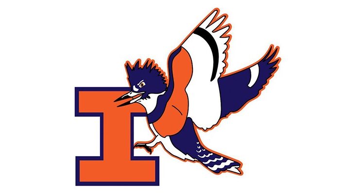 A Belted Kingfisher mascot graphic flying in front of the Illinois block I