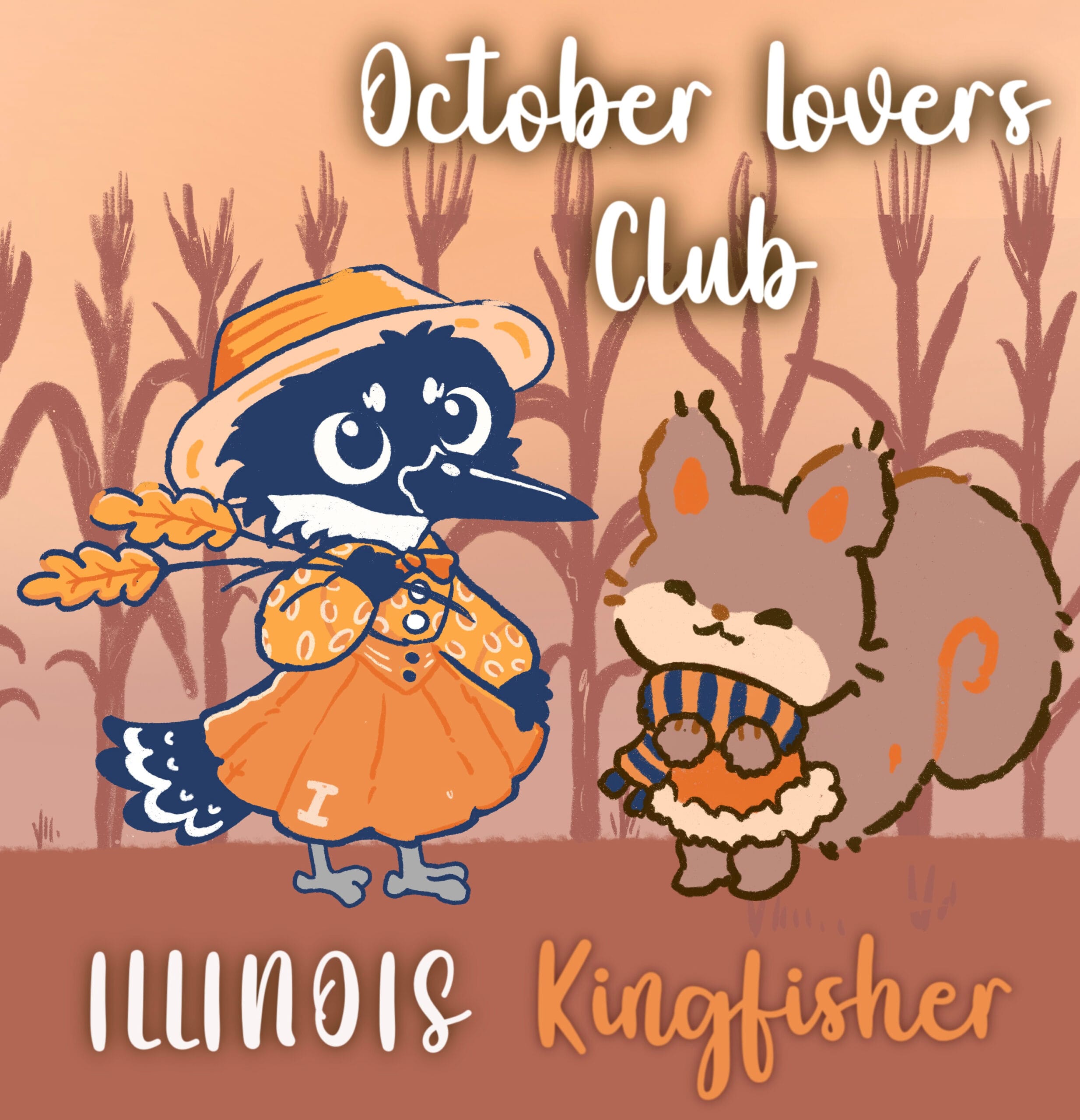 Artwork of the Belted Kingfisher with a squirrel in fall attire