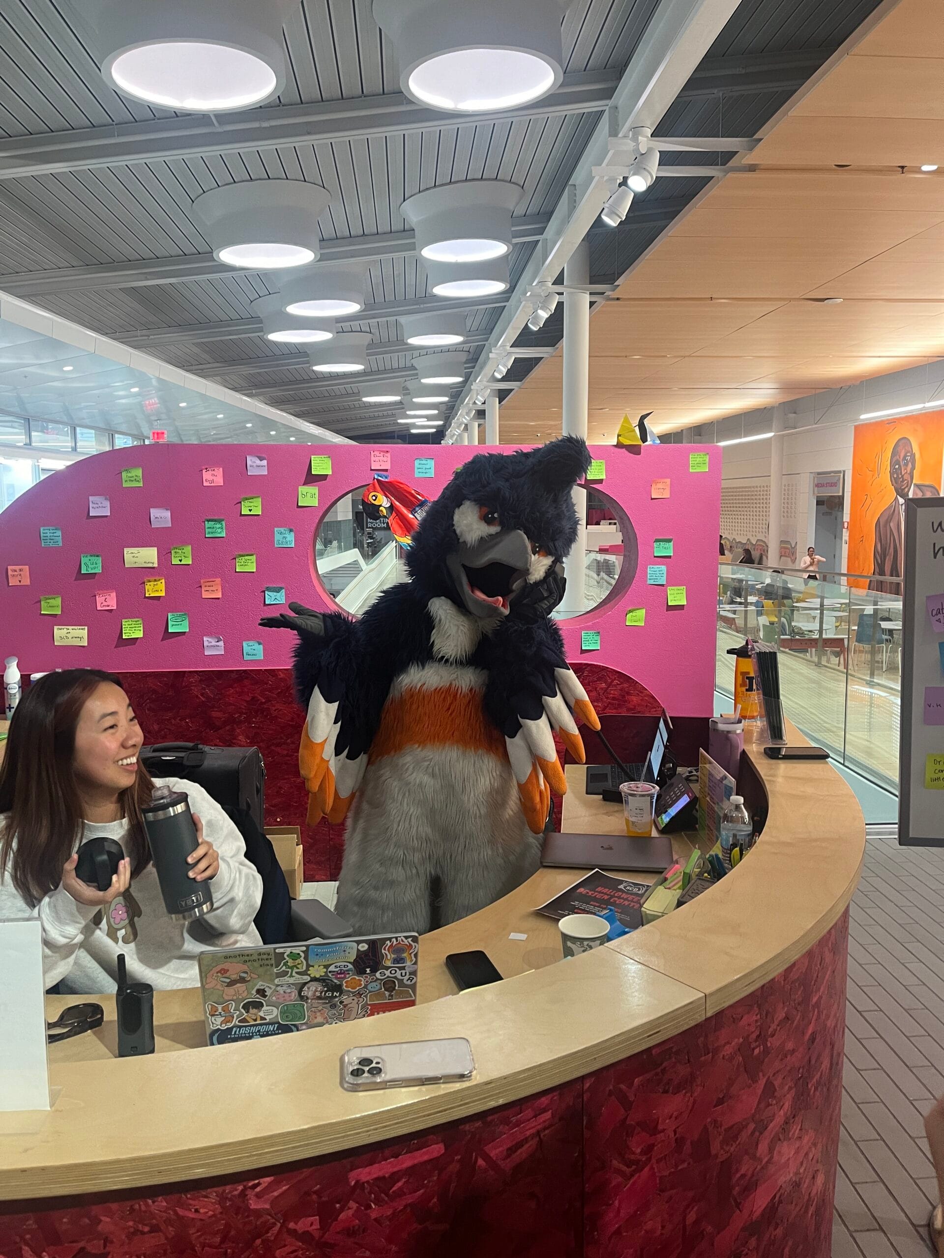 The Belted Kingfisher mascot answering the phone at the concierge desk in the Siebel Center for Design
