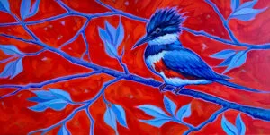 A painting of the Belted Kingfisher with blue branches and leaves against a red background