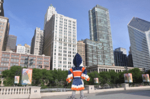 Belted Kingfisher with their back turned towards the camera, facing Chicago skyscrapers