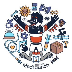 The Belted Kingfisher drawing surrounded by various symbols of accessibility and engineering. There is text below the Kingfisher that reads "2025-2026 MedLaunch"