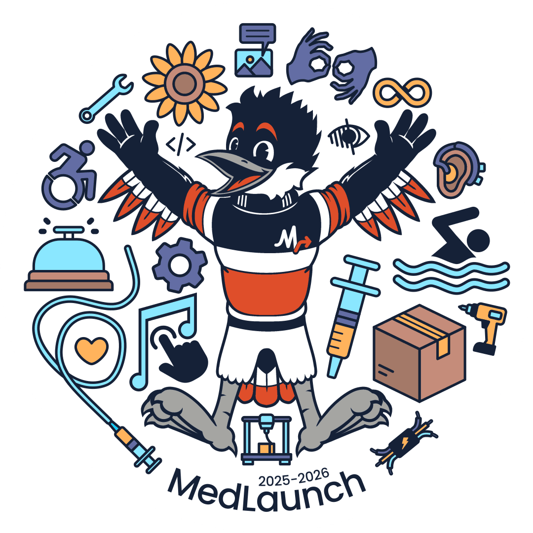 The Belted Kingfisher drawing surrounded by various symbols of accessibility and engineering. There is text below the Kingfisher that reads "2025-2026 MedLaunch"